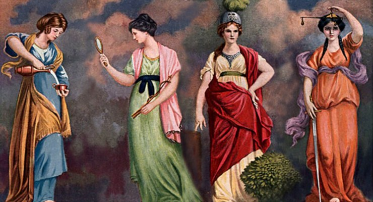 (5) Four Cardinal Virtues (left to right): Temperance, Prudence, Fortitude, Justice